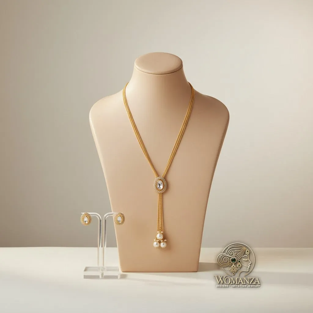 Gold-Tone Lariat Pendant Necklace & Earrings Set with Pearl Drops