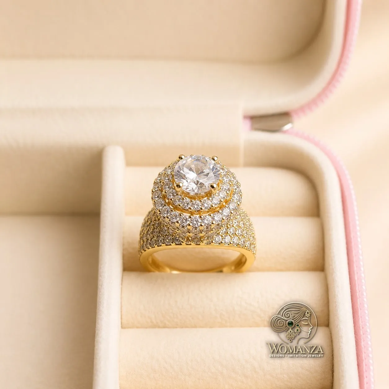 Gold-Tone Double-Halo Cocktail Ring with Pavé CZ Dome