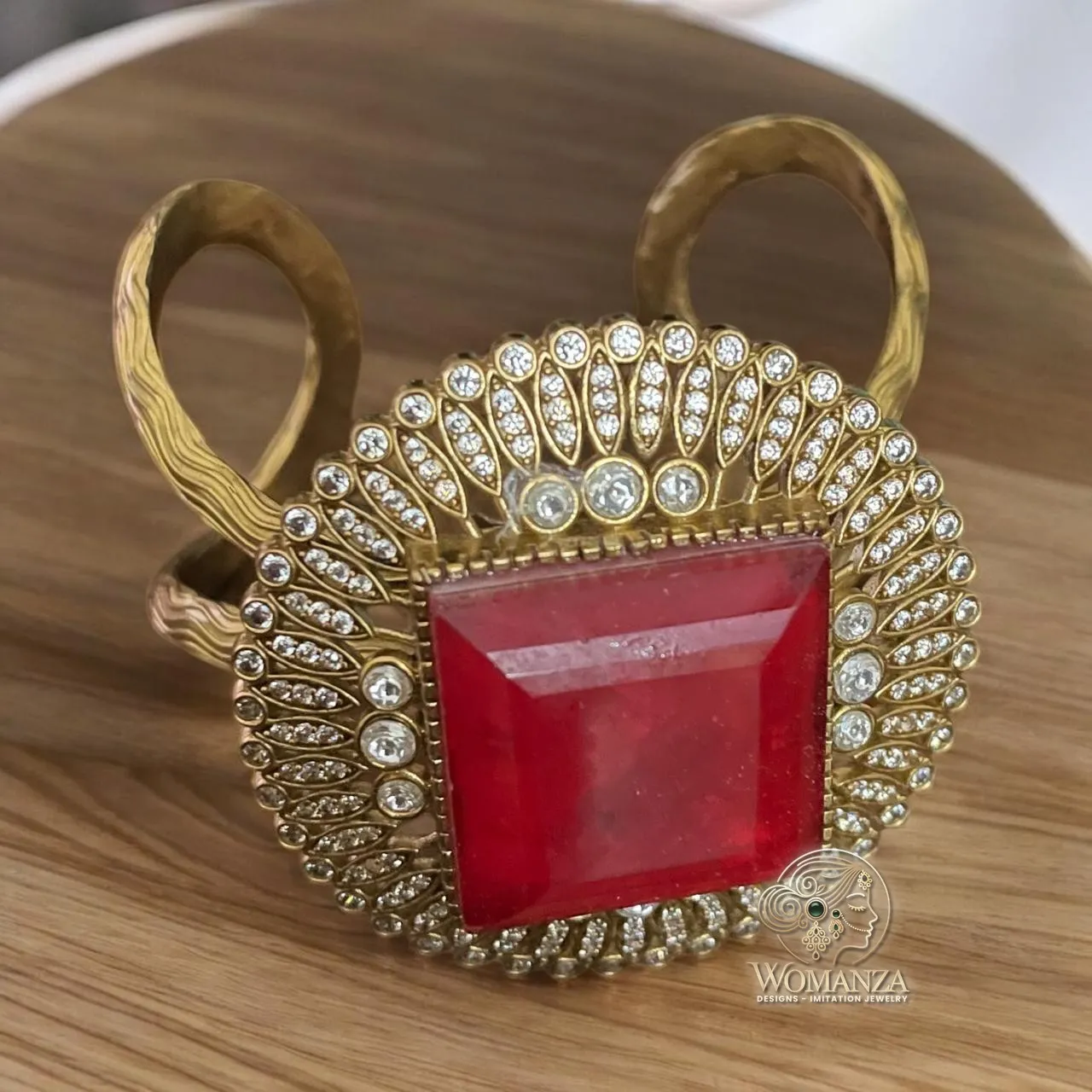 Royal Radiance Red Stone Open Cuff Bracelet with CZ Fan Rays