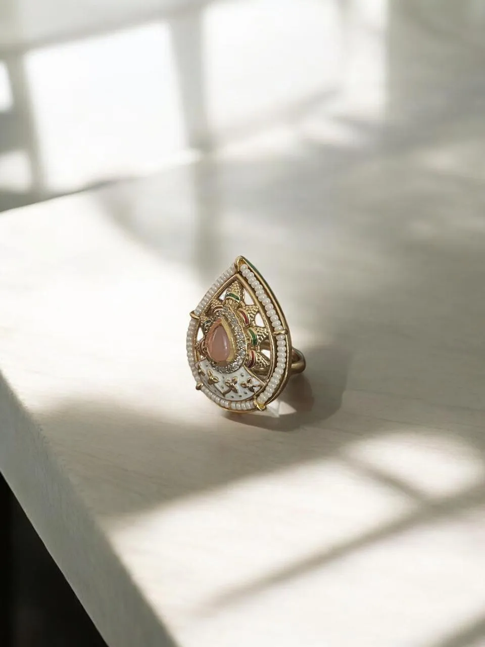 Royal Meenakari Teardrop Statement Ring with Pink Stone Centre