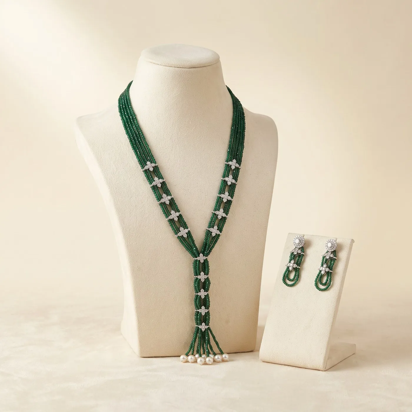Emerald Green Beaded Mala Necklace Set with AD Carving
