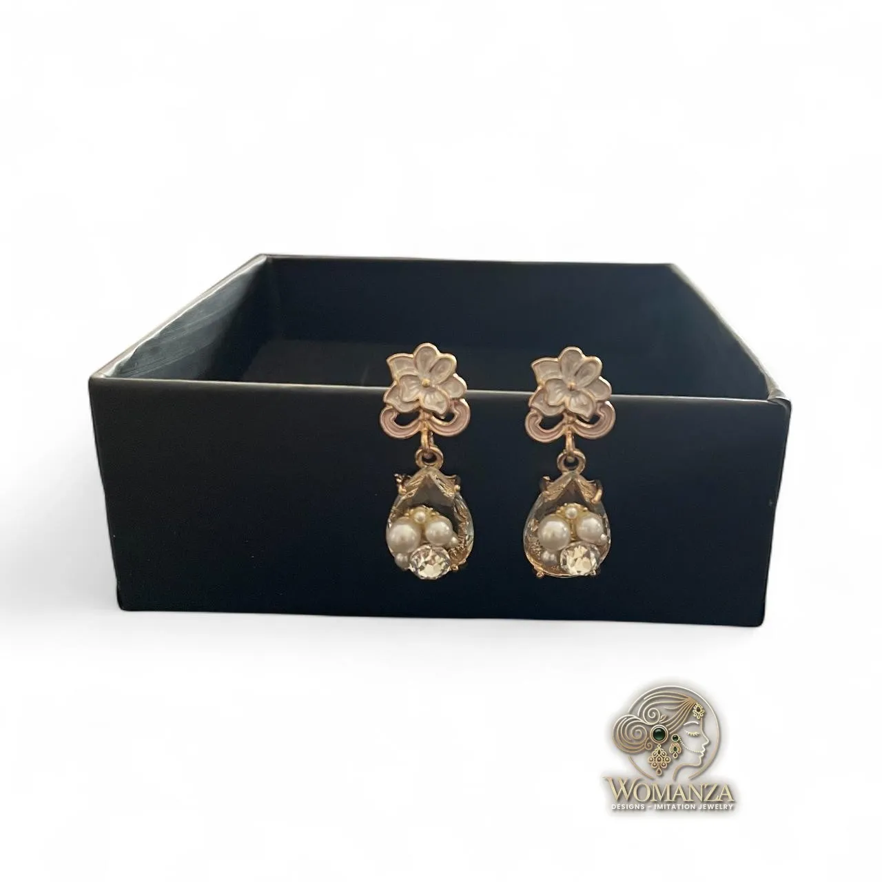 Floral Pearl Drop Earrings with Teardrop Frame & Crystal Accent