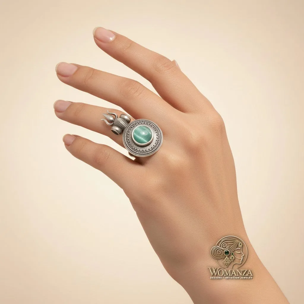 Esmé Oxidised Statement Ring with Jade-Green Cabochon & Filigree Halo
