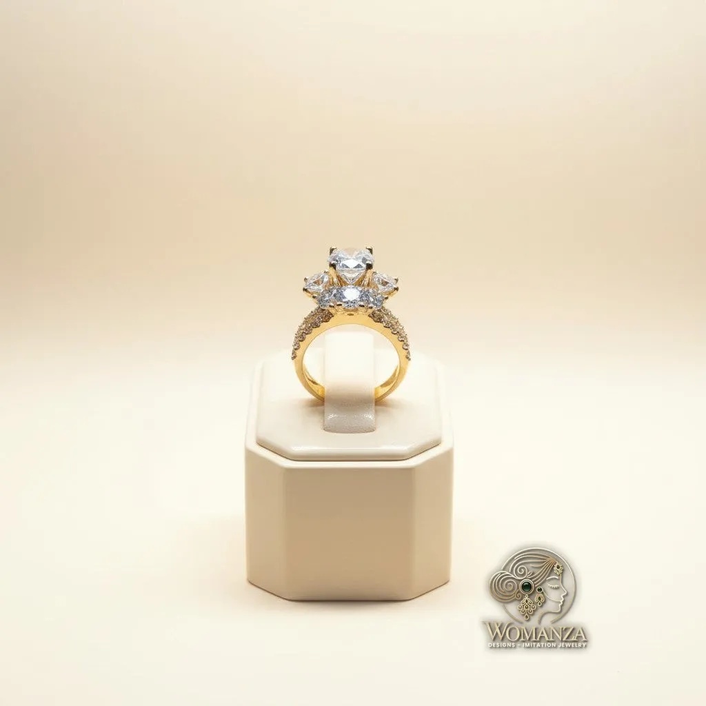 Gold-Tone Solitaire Ring with Diamond-Look Crystals & Side Stones