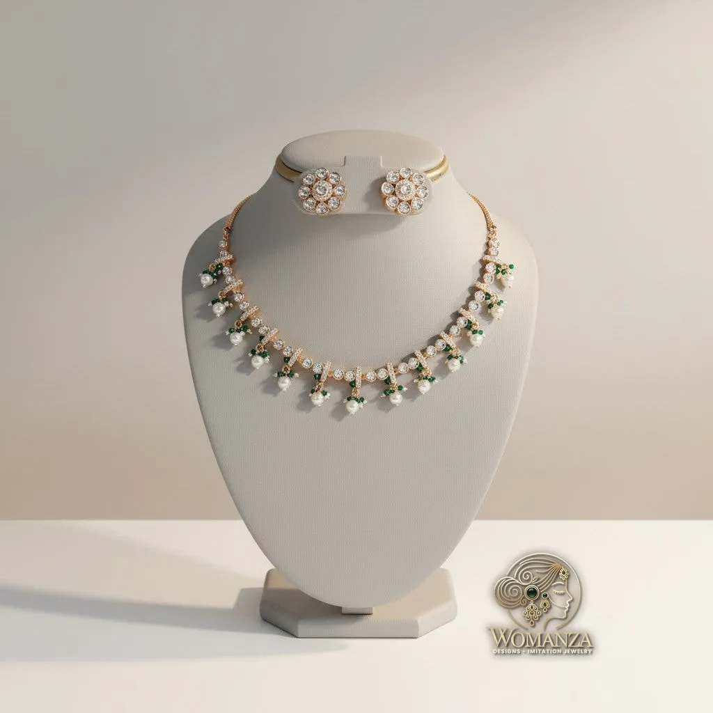 Green Stone & Pearl Kundan Necklace Set with Stud Earrings