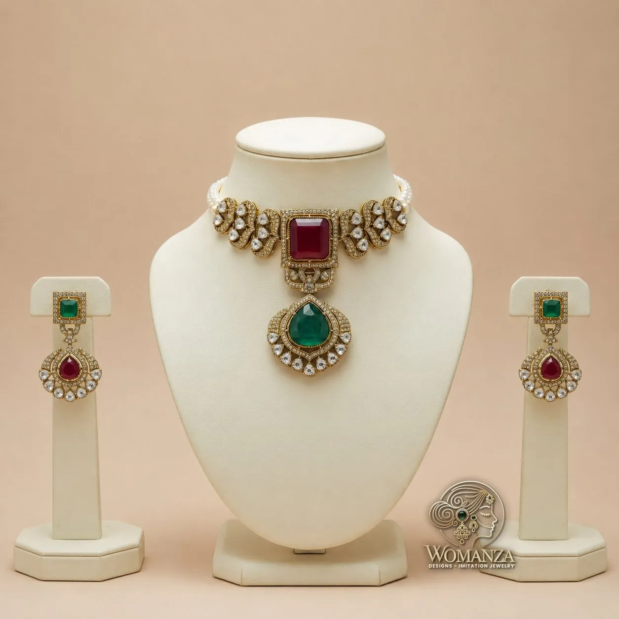 Regal Emerald & Ruby Choker Set with Drop Emerald Pendant