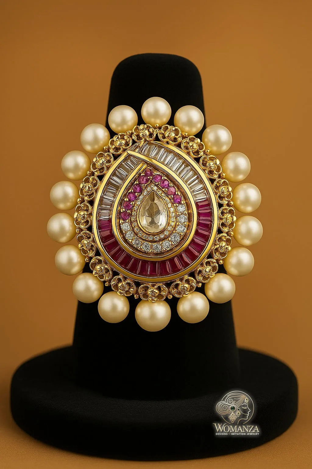 Rajkumari Kundan Ring with Polki-Style Stones, Ruby & Pearl Halo