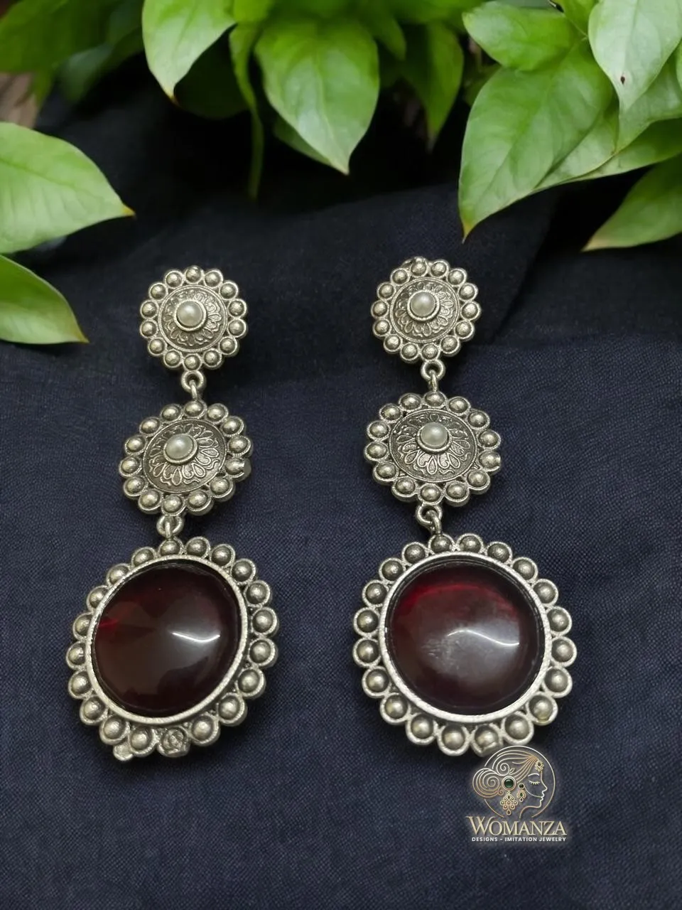 Aarvika Floral Garnet Drop Earrings in Oxidised Silver