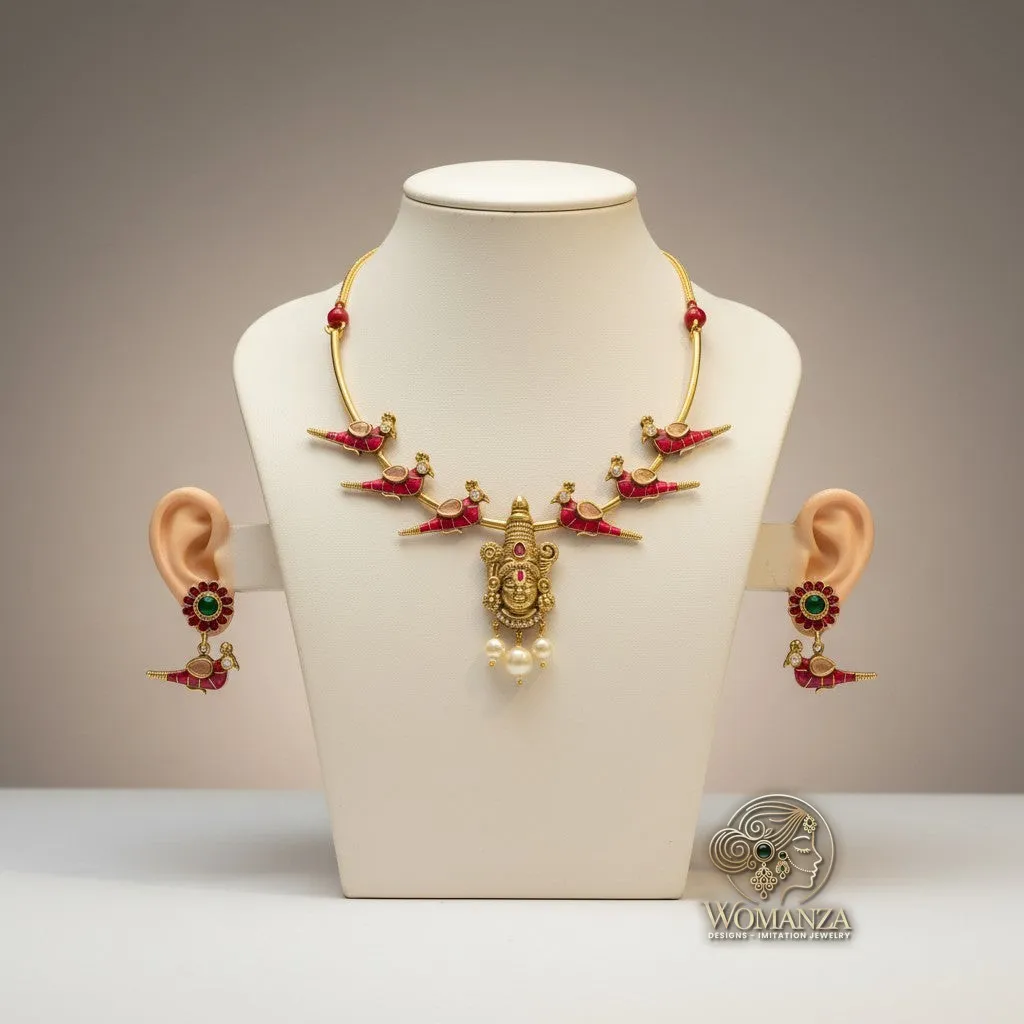 Temple Jewellery Necklace Set with Goddess Pendant & Bird Motif Earrings