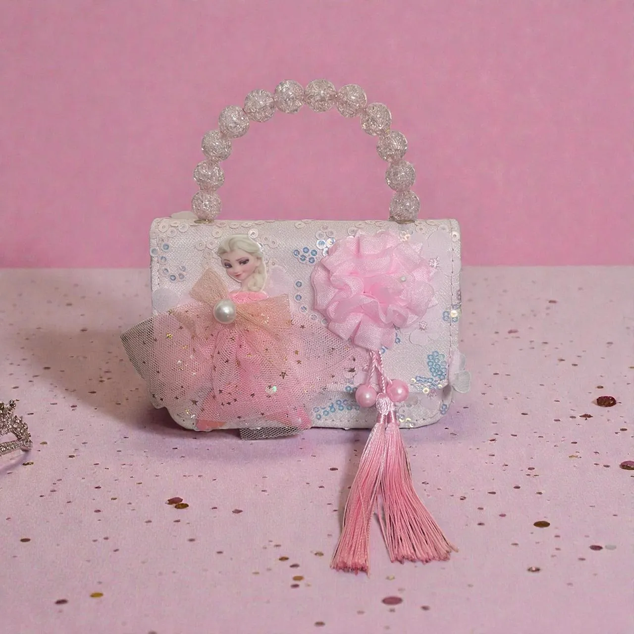 Princess Pink Beaded Handle Handbag for Girls with Bow & Tassel