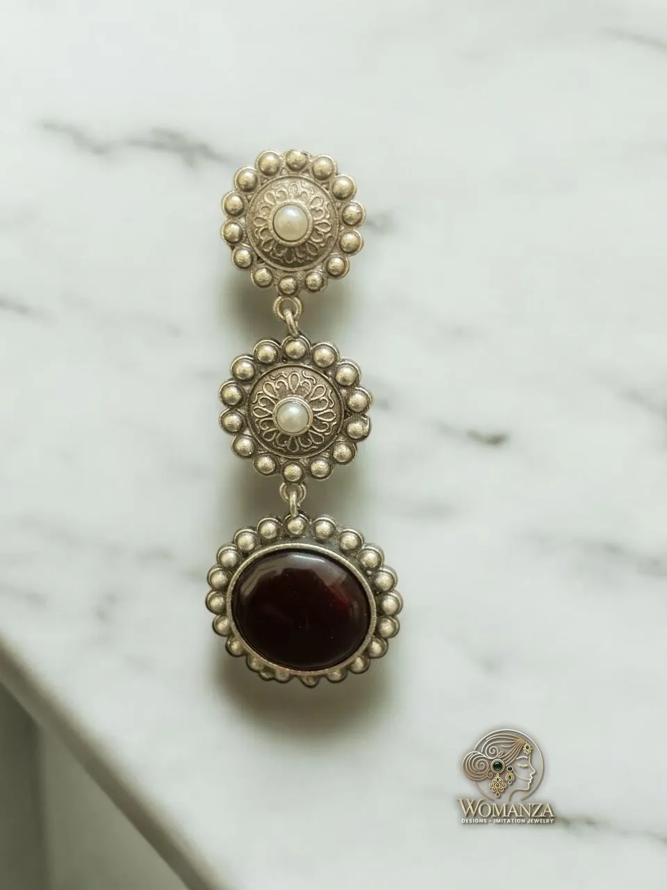 Aarvika Floral Garnet Drop Earrings in Oxidised Silver