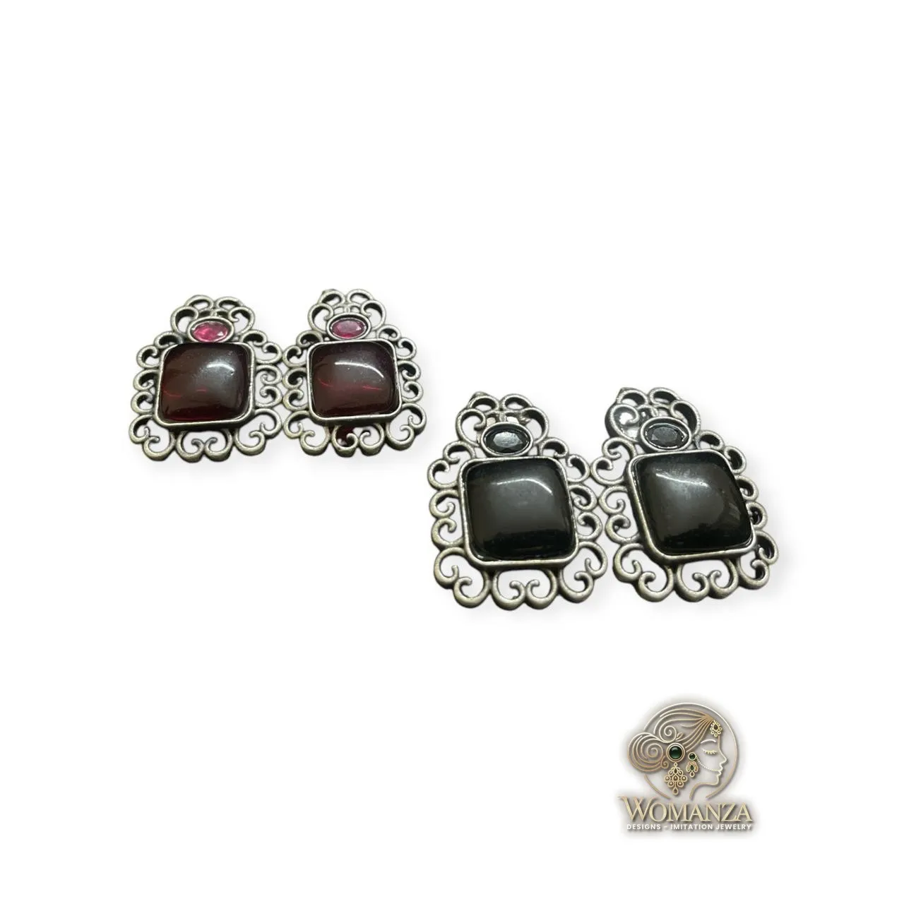 Dual-Tone Square Stud Earrings in Black & Maroon with Scroll Frame