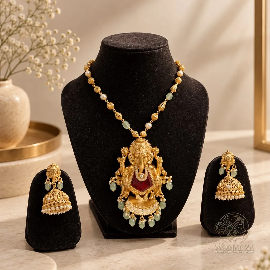 Sindoori Gajanan Temple Long Necklace Set with Doublet Stone & Ganesha Jhumkas