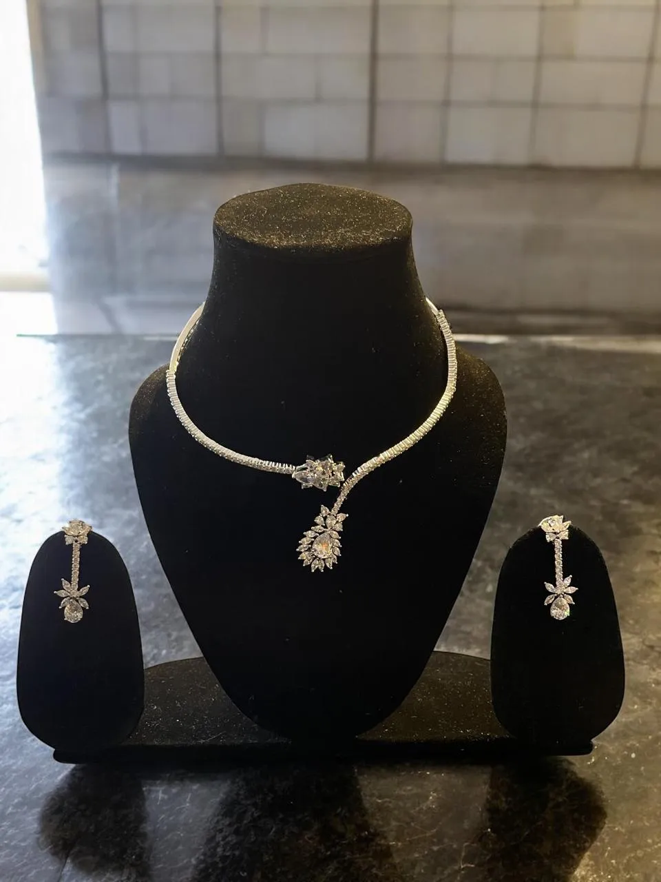 Floral Teardrop CZ Diamond-Look Necklace Set in Silver-Tone