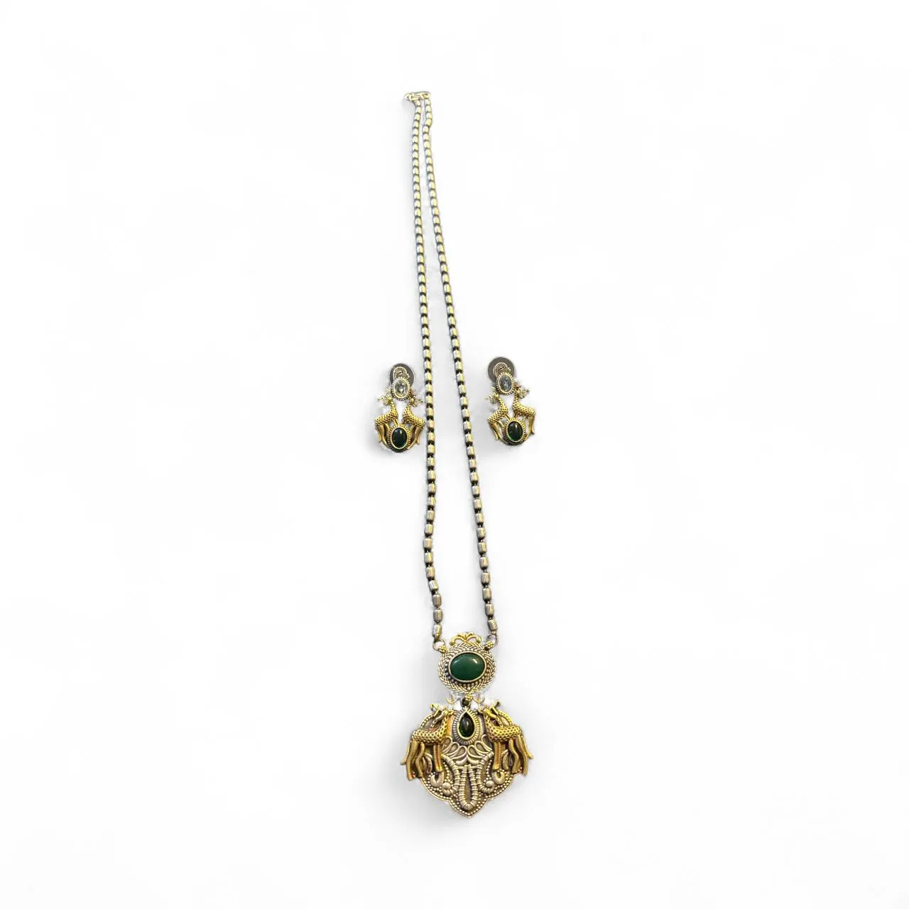 Antique Green Stone Deer Motif Necklace Set with Earrings