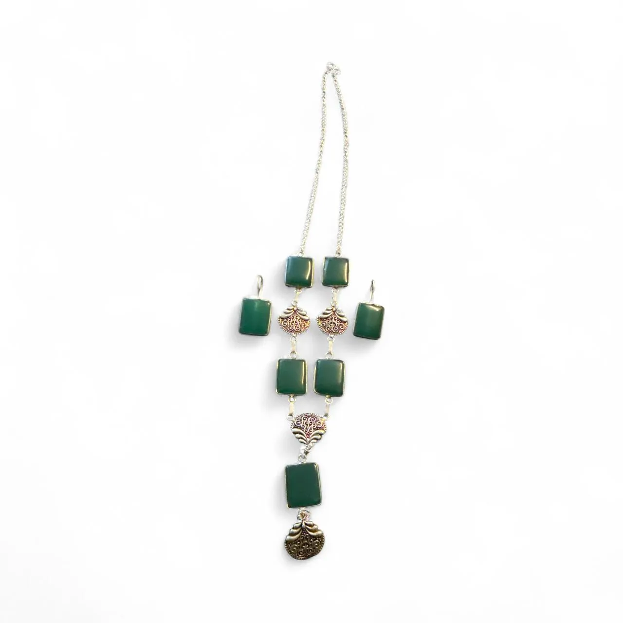 Green Stone Long Necklace Set with Oxidised Motifs & Earrings