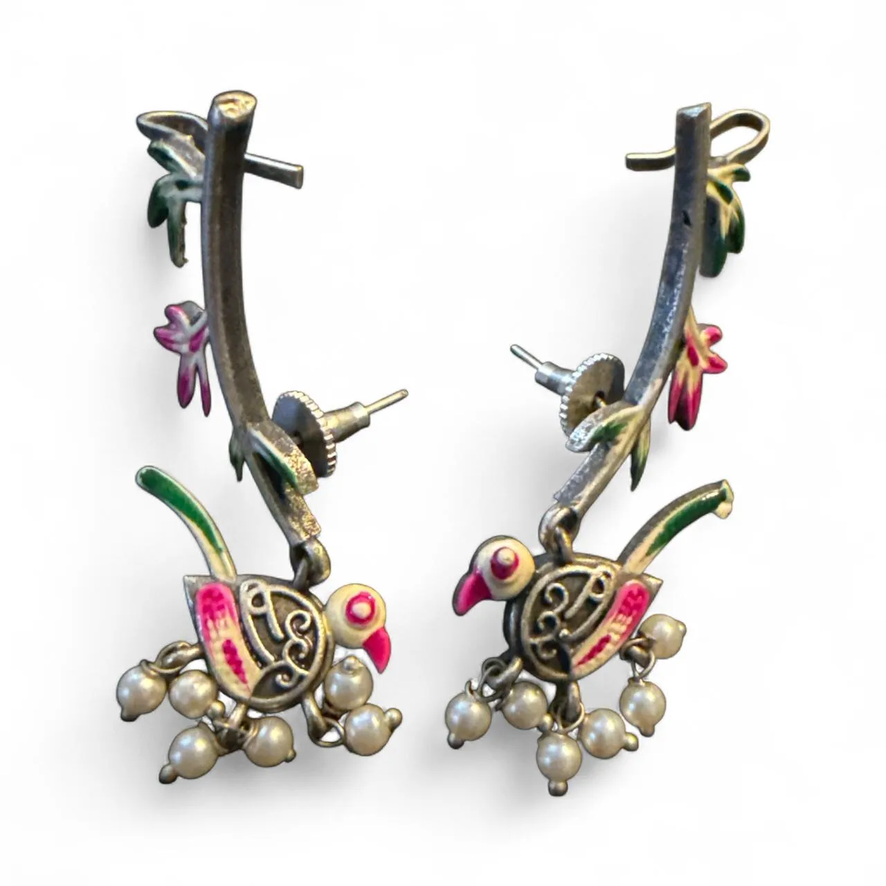 Parrot Motif Enamel Ear Cuff Earrings with Pearl Drops