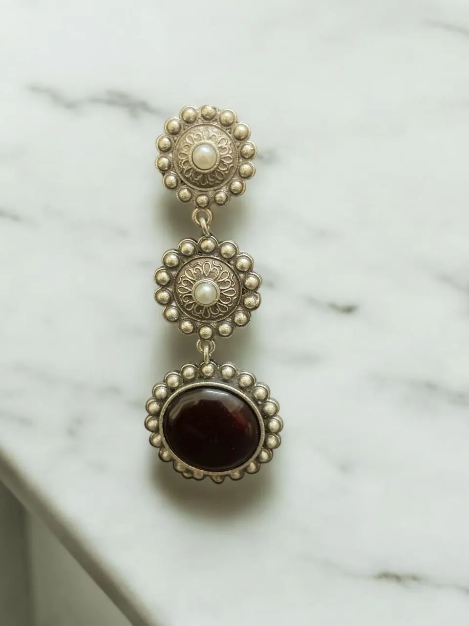 Aarvika Floral Garnet Drop Earrings in Oxidised Silver