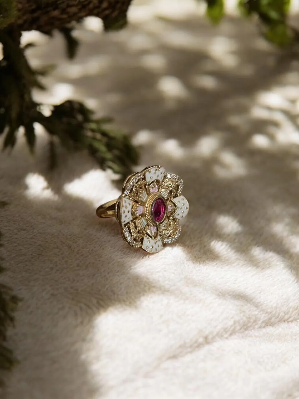 Mughal Bloom Floral Cocktail Ring with Magenta Stone & AD Accents