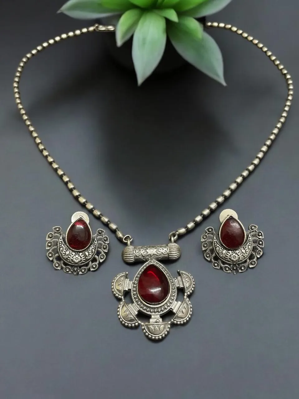 Vintage Red Stone Oxidised Silver Necklace Set with Matching Earrings