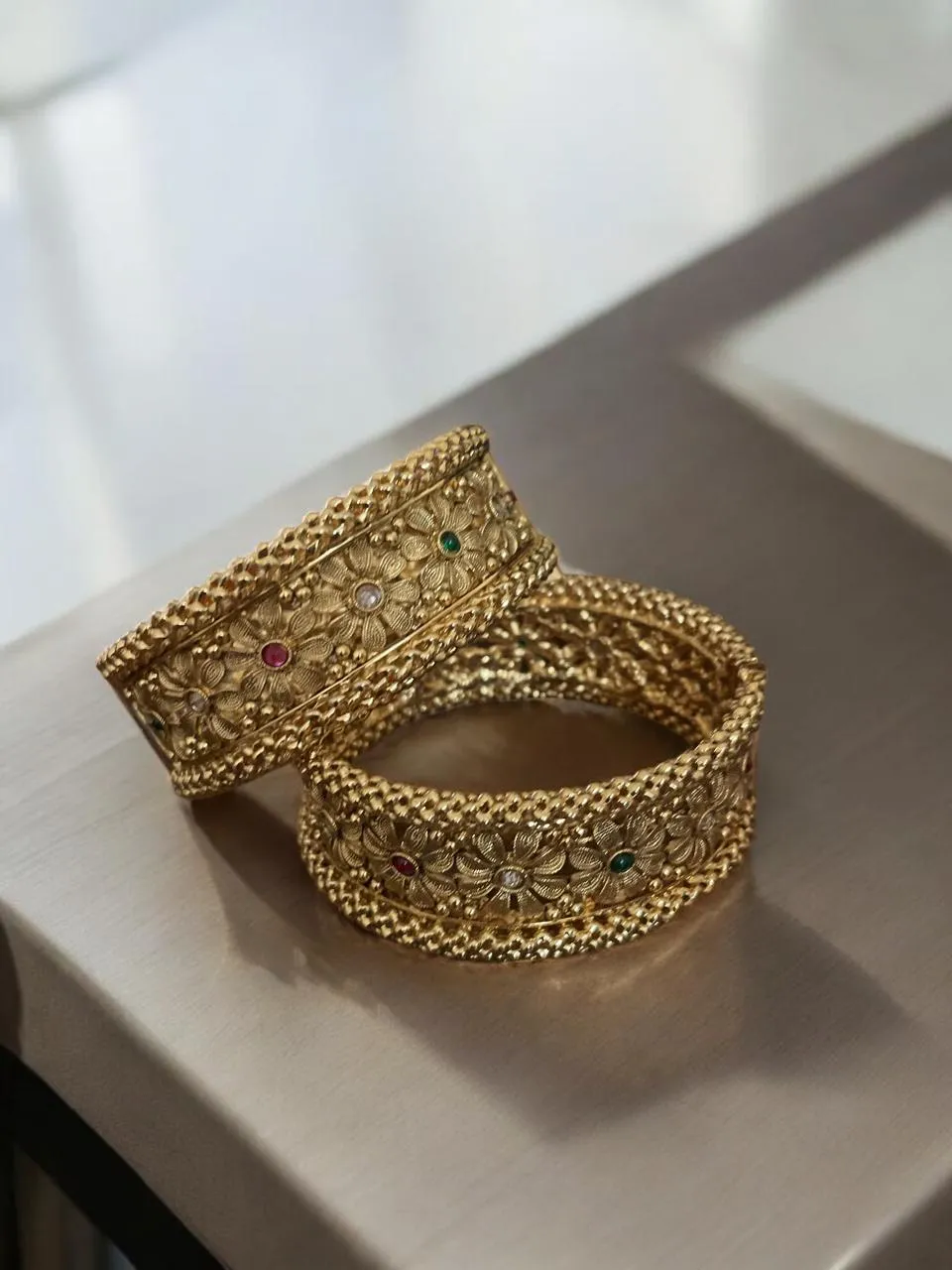 Vintage Floral Mesh Gold Bangles with Multi-Colour Stone Detail (Size 2*6)