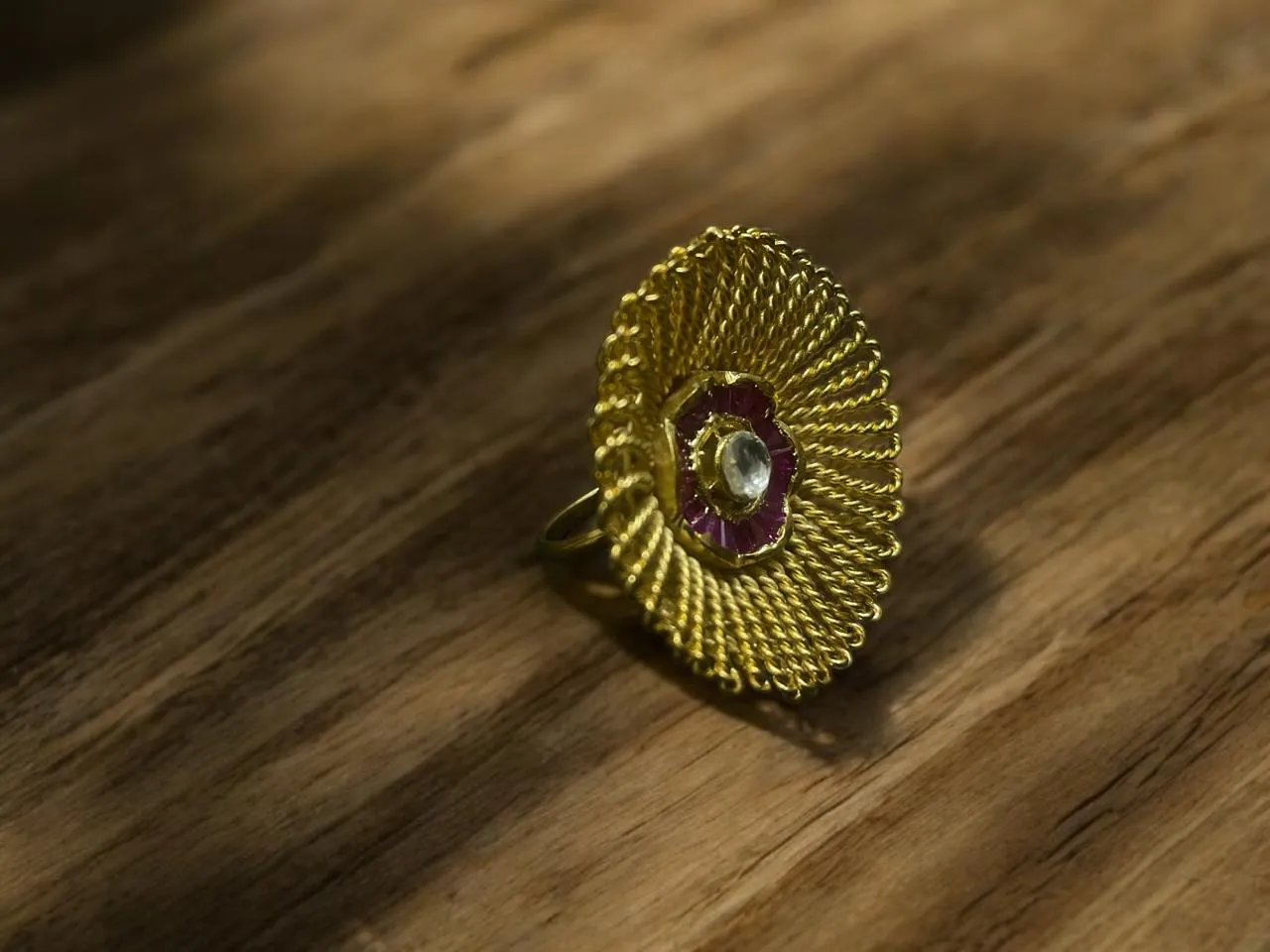 Surya Chakra Cocktail Ring with Ruby Baguettes & Kundan Centre