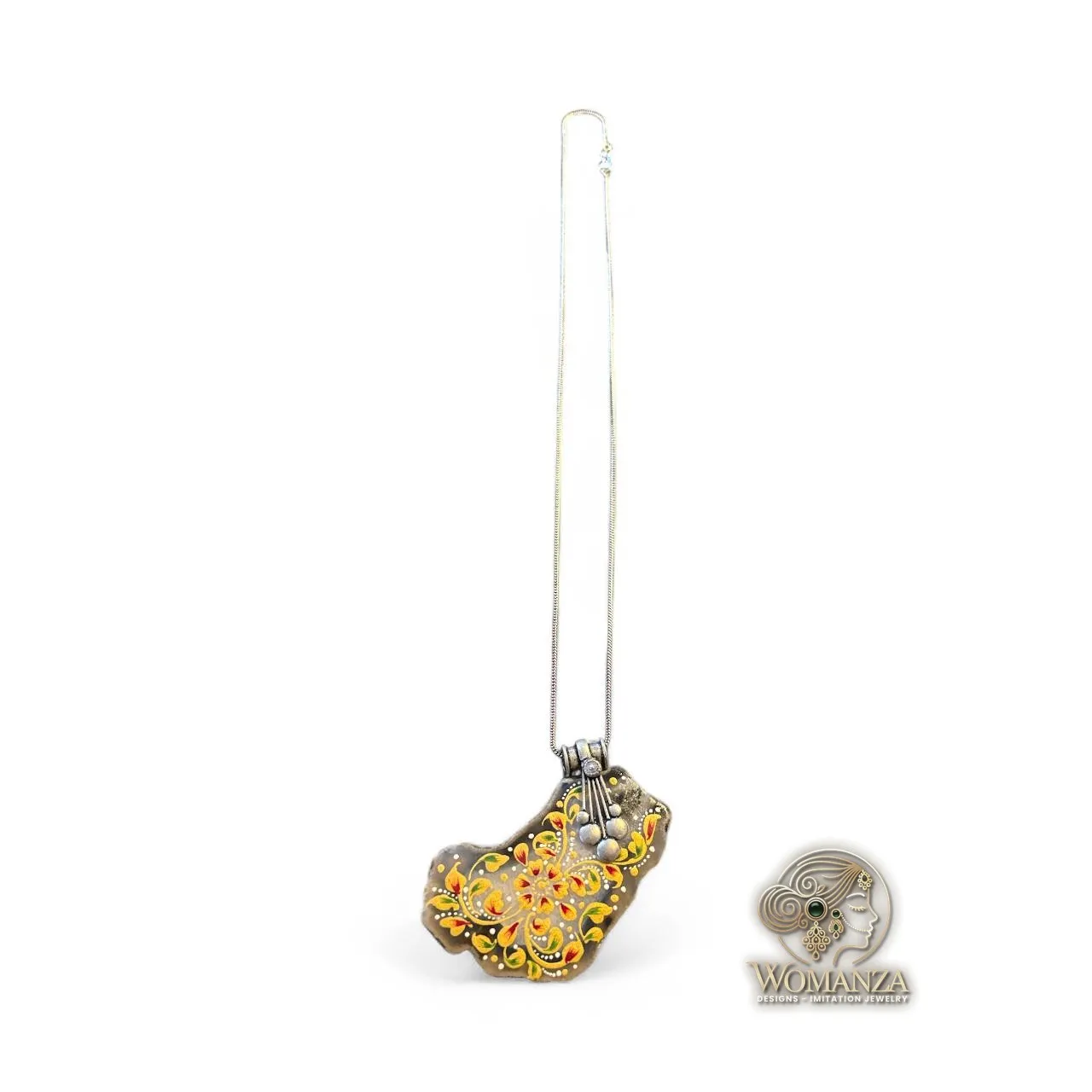 Handcrafted Floral Enamel Pendant Necklace in Silver-Tone