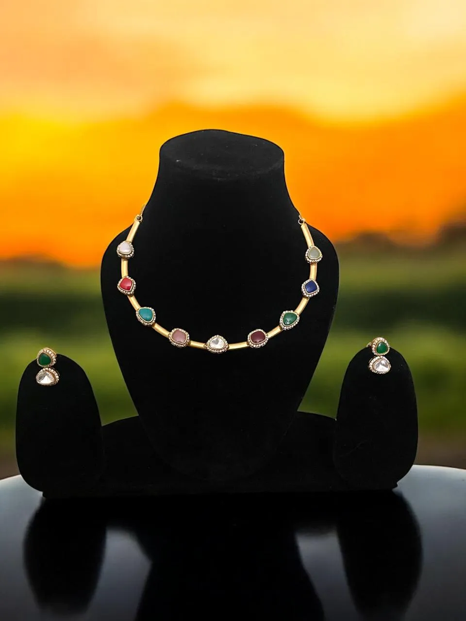 Elegant Multi-Stone Gold Finish Necklace Set