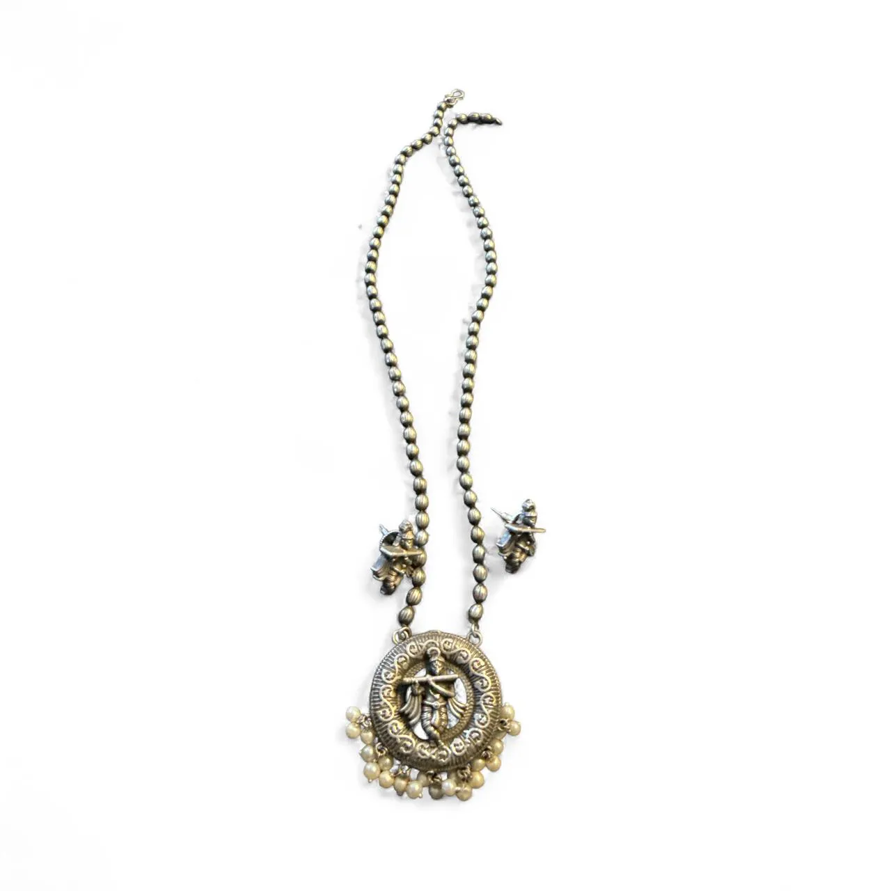 Oxidised Radha Krishna Pendant Necklace Set with Earrings