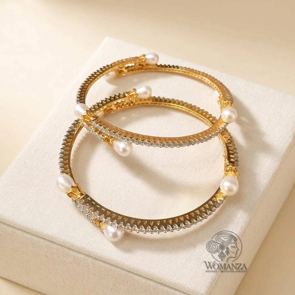 American Diamond Bangle Pair with Pearl Drops in Lotus Caps — Size 2.4