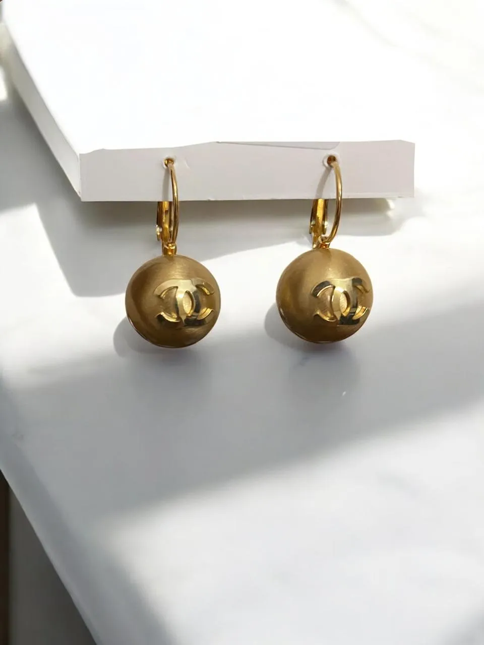 Designer-Inspired Matte Gold Drop Earrings with Spherical Charm