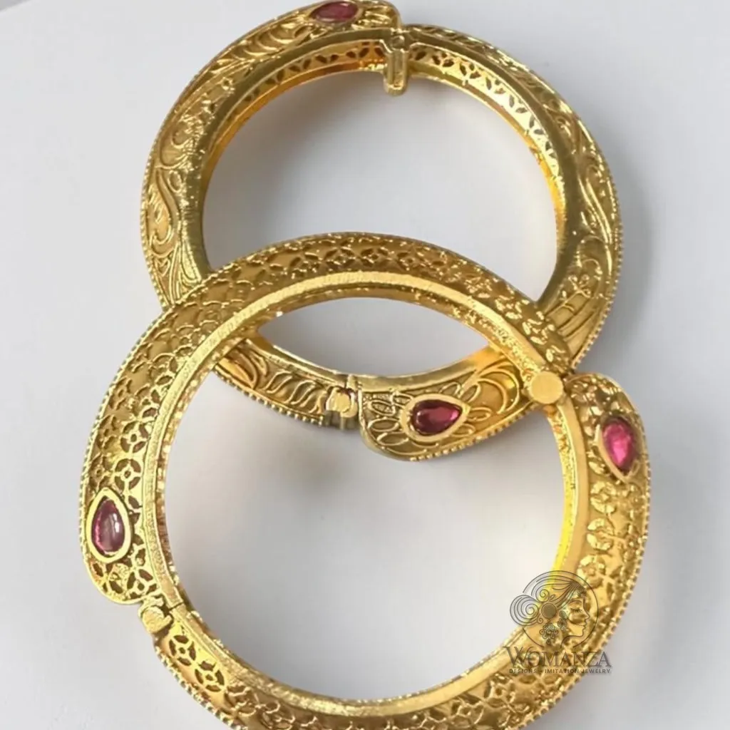 Rajwadi Engraved Openable Kada Pair with Ruby-Toned Stones — Sizes 2.4 & 2.6