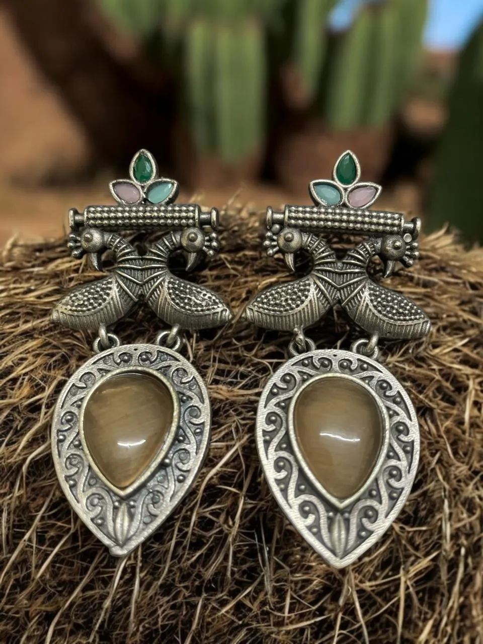 Mayura Darpan Oxidised Silver Peacock Earrings with Golden Teardrop