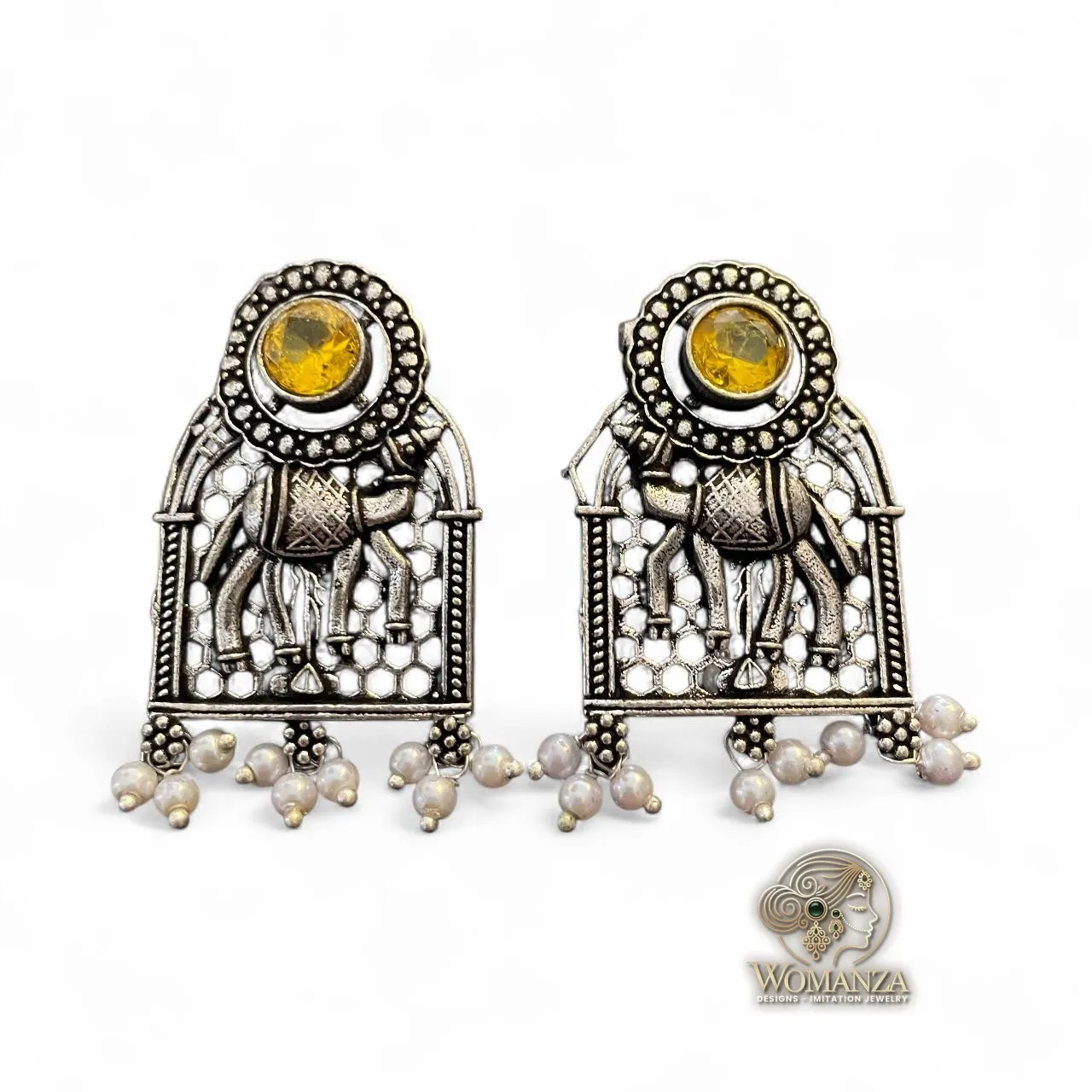 Oxidised Elephant Motif Earrings with Yellow Stone & Pearls