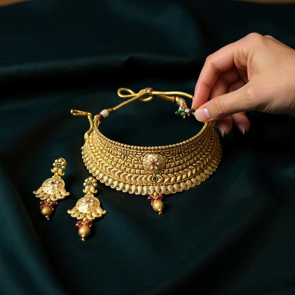 Antique Temple-Style Gold Choker Necklace Set with Long Jhumkas