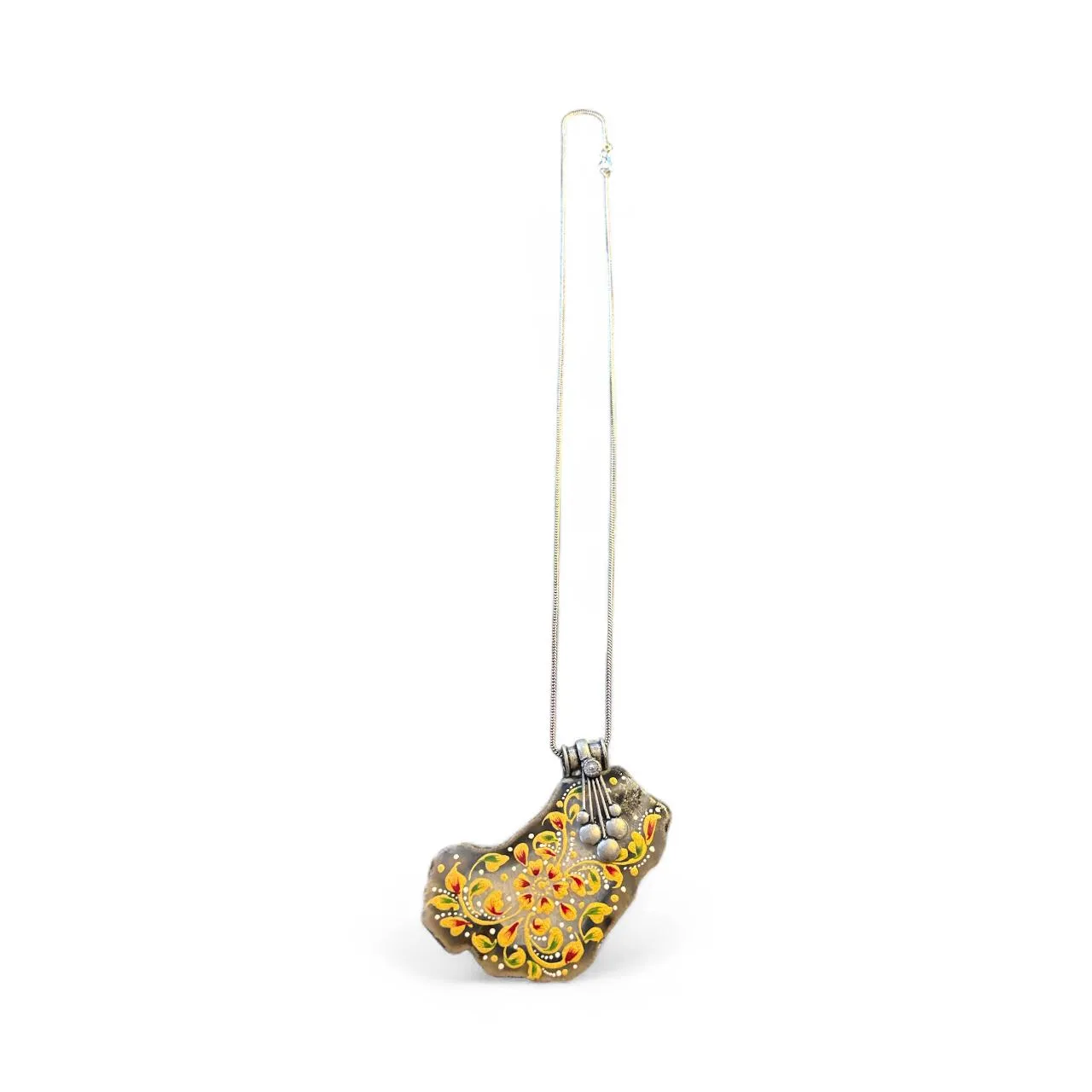 Handcrafted Floral Enamel Pendant Necklace in Silver-Tone