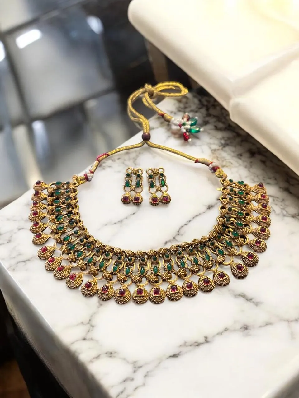 Heritage Emerald & Ruby Stone Collar Necklace Set with Peacock Motif