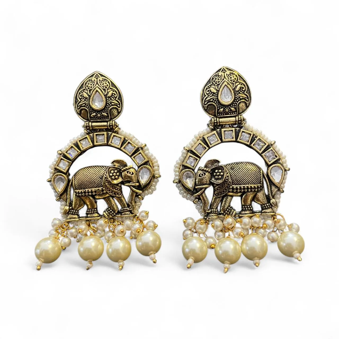 Antique Elephant Motif Earrings with Kundan & Pearl Drops