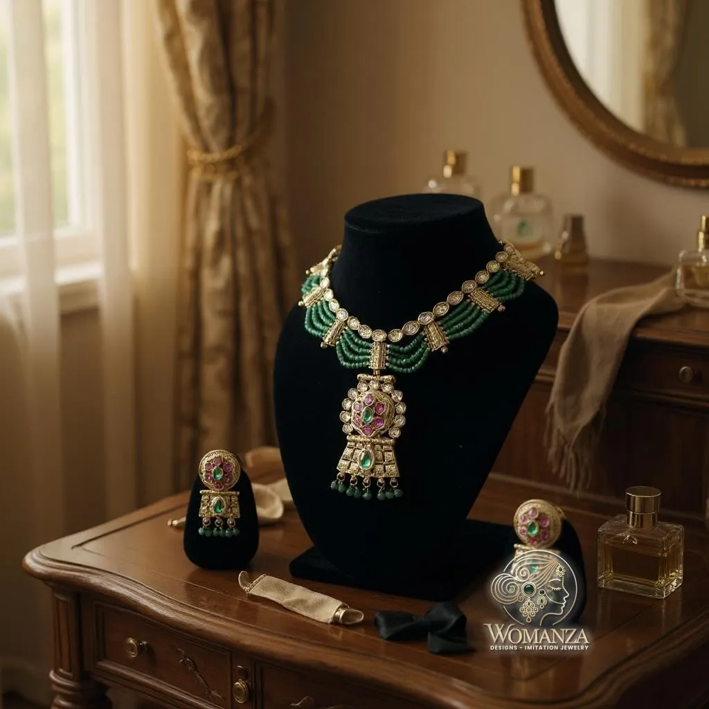 Emerald Grace Polki Choker Set with Green Bead Strings & Earrings
