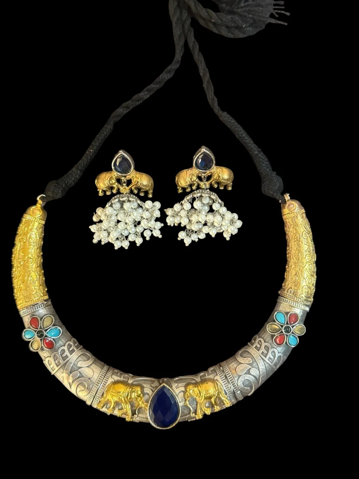 Dual-Tone Oxidised Silver Hasli Set with Elephant Motif & Pearl Drops