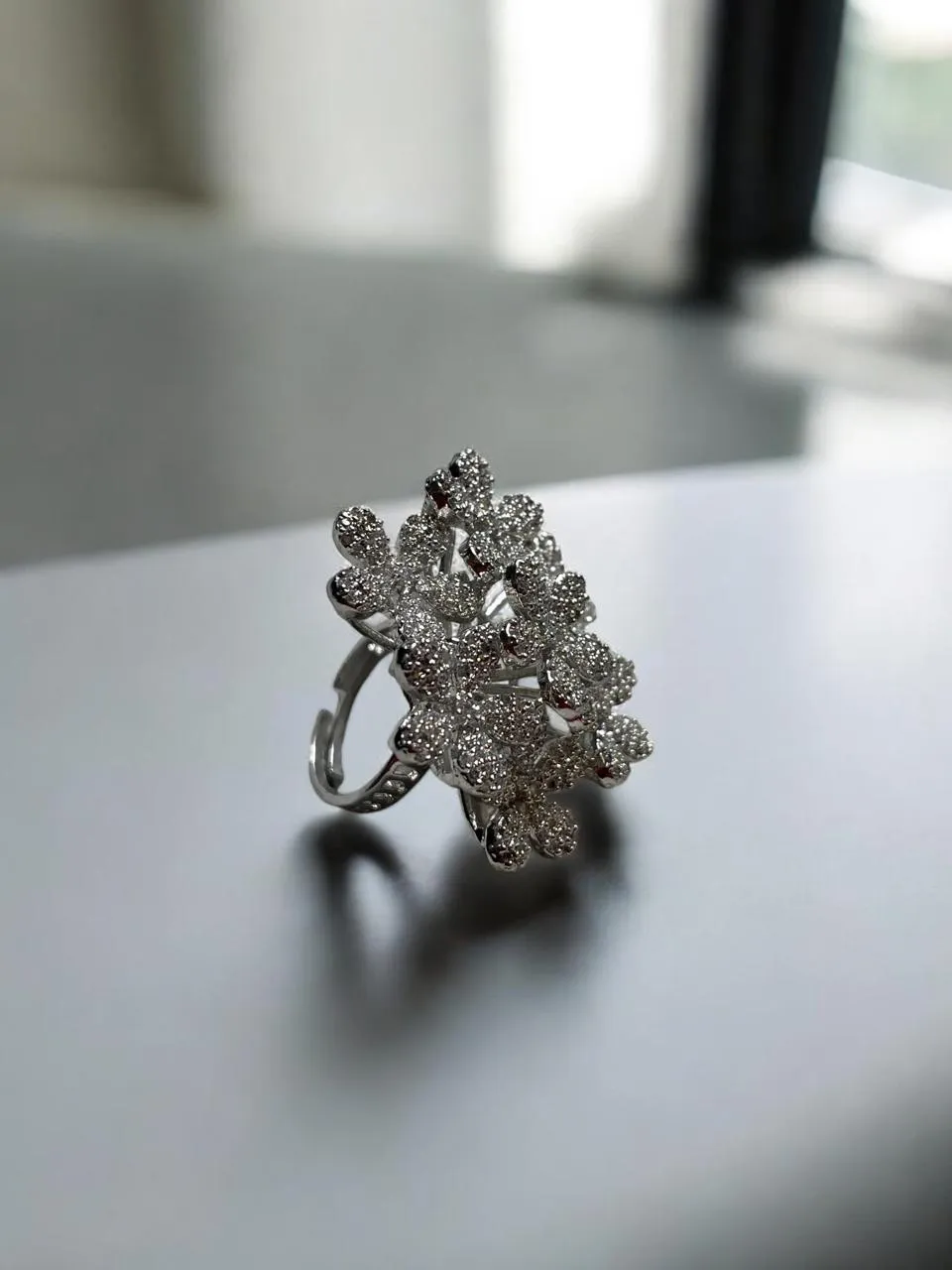Silver-Tone Floral Cluster Ring with Layered CZ Petals