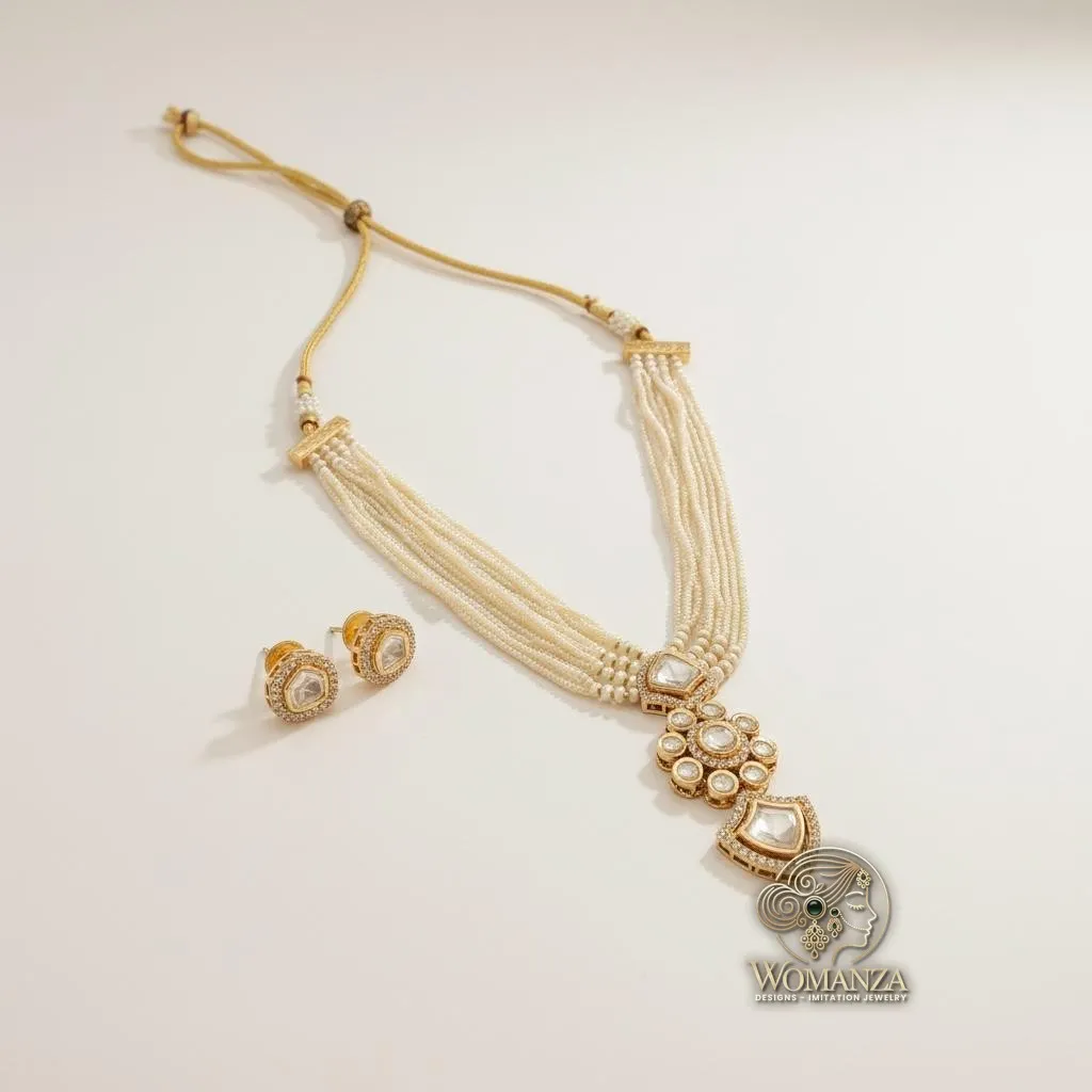 Elegant Multi-Layer Pearl Kundan Necklace Set with Earrings