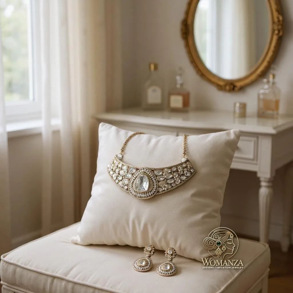 Royal Mirror Glow Bridal Choker Set with White Stones & Mirror Centrepiece