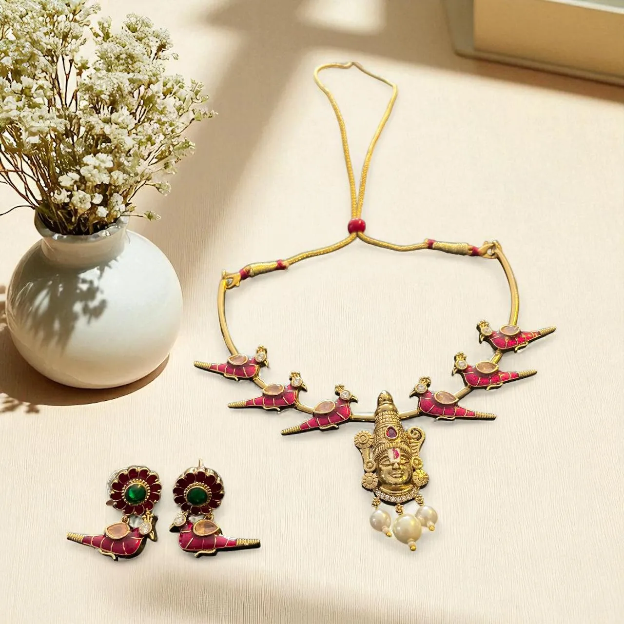 Temple Jewellery Necklace Set with Goddess Pendant & Bird Motif Earrings