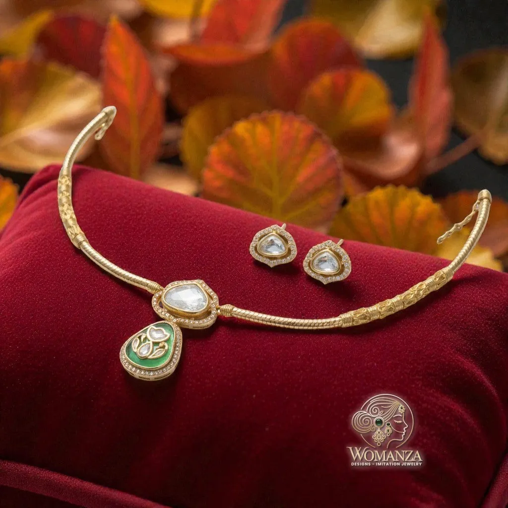Noor-e-Gul Kundan Choker Necklace Set with Green Enamel Drop