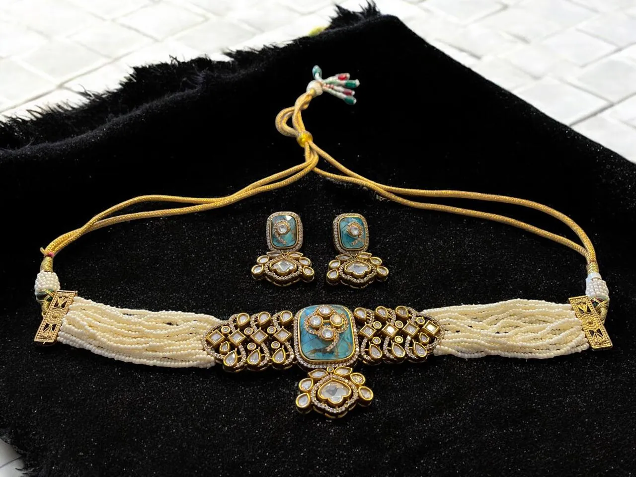 Turquoise & Pearl Multi-Strand Beaded Choker Set with Statement Earrings