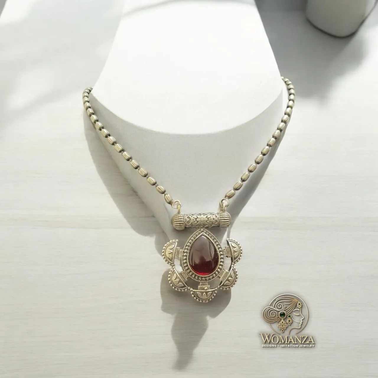 Vintage Red Stone Oxidised Silver Necklace Set with Matching Earrings