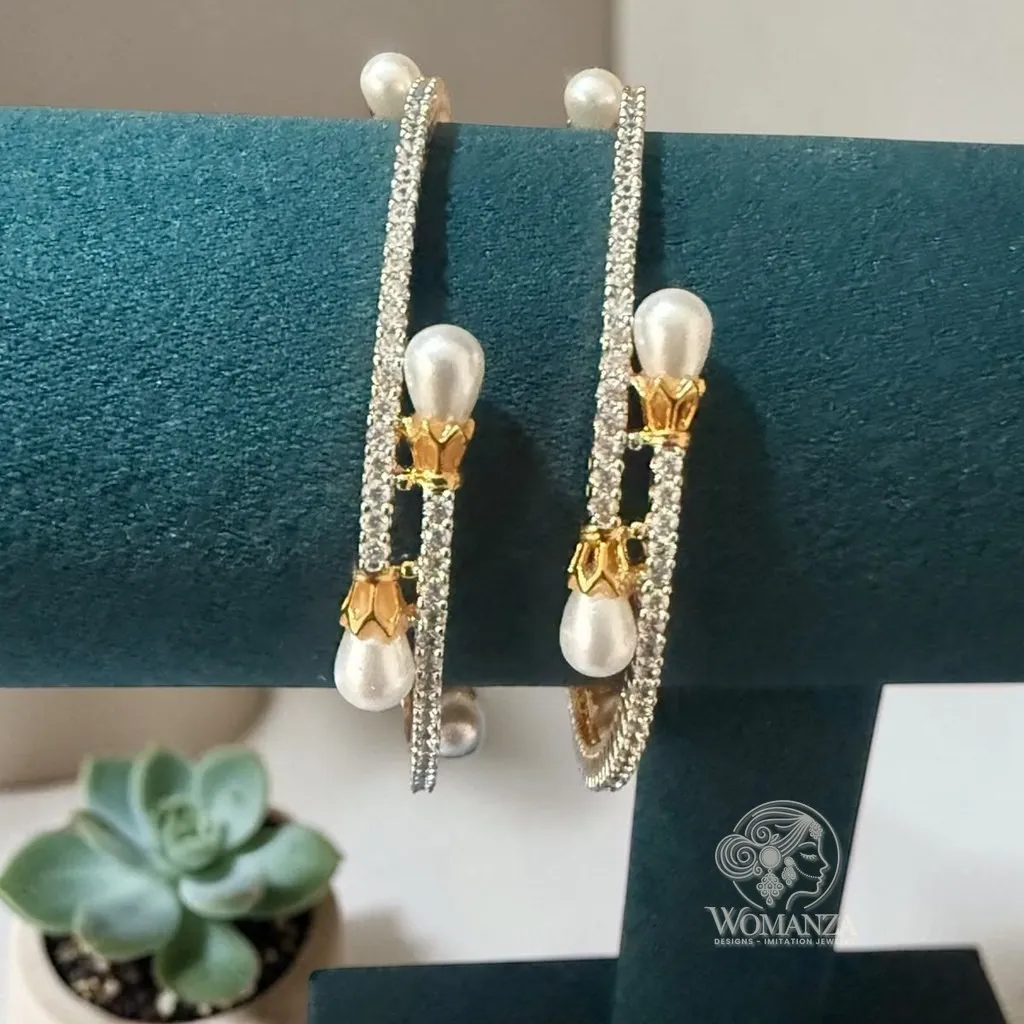 American Diamond Bangle Pair with Pearl Drops in Lotus Caps — Size 2.4