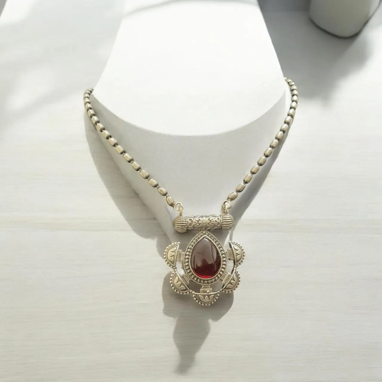 Vintage Red Stone Oxidised Silver Necklace Set with Matching Earrings
