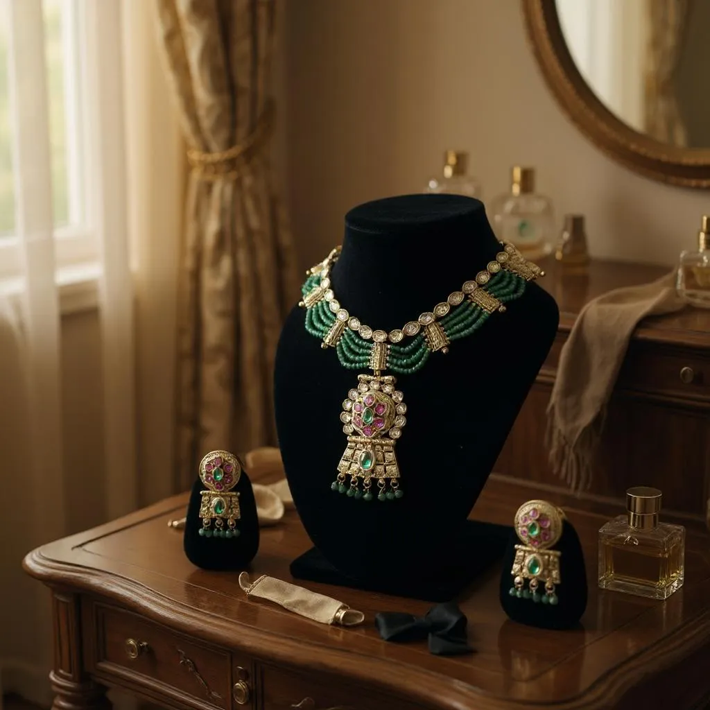 Emerald Grace Polki Choker Set with Green Bead Strings & Earrings